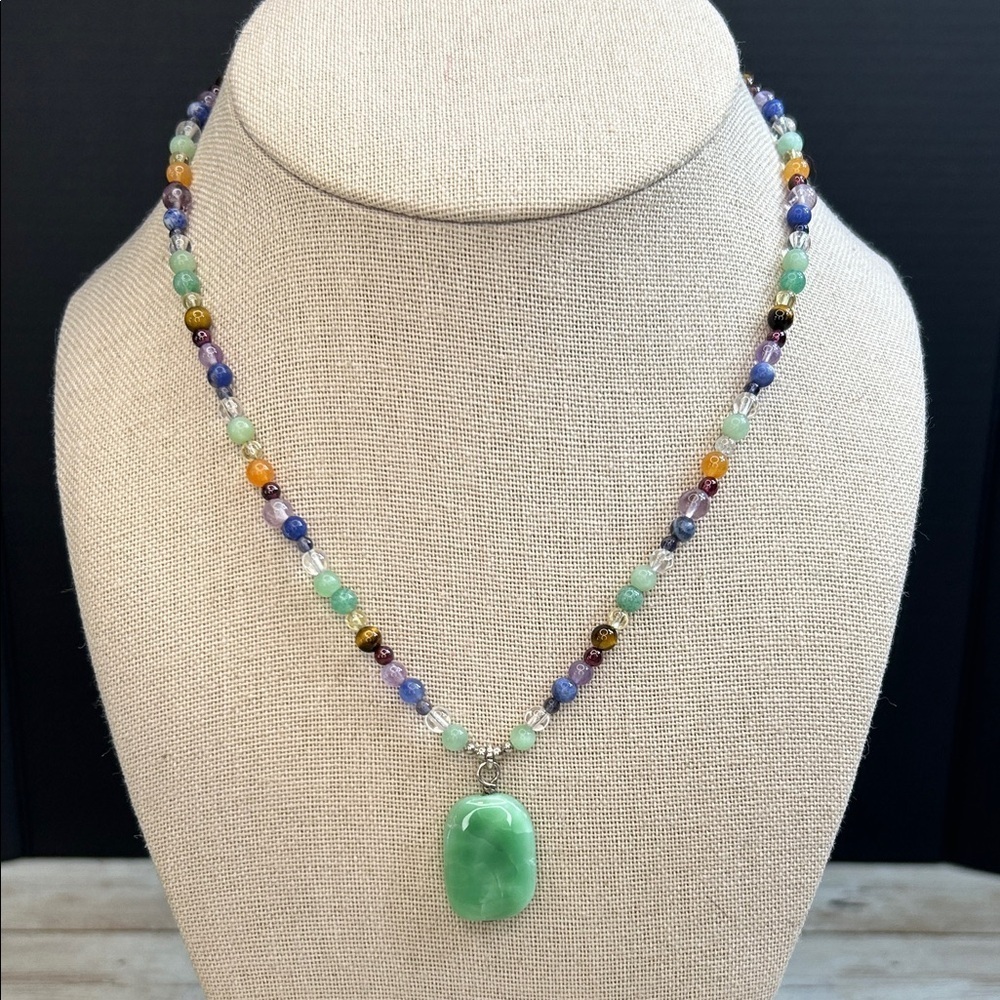 Multicolor 925 Sterling Silver Stone Necklace with Green Glass Pendant